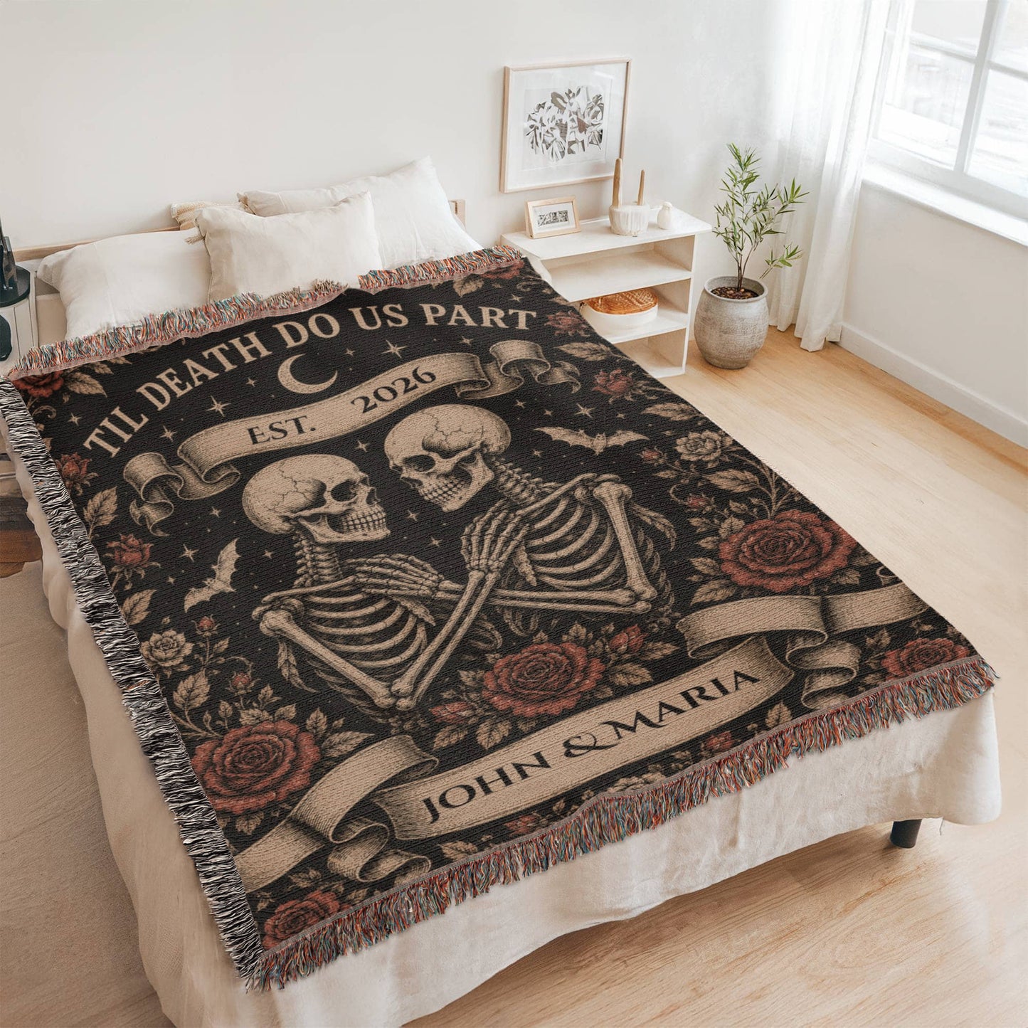 Til Death Do Us Part Skeleton Couple Blanket – Personalized Gothic Wedding Gift, Halloween Woven Throw