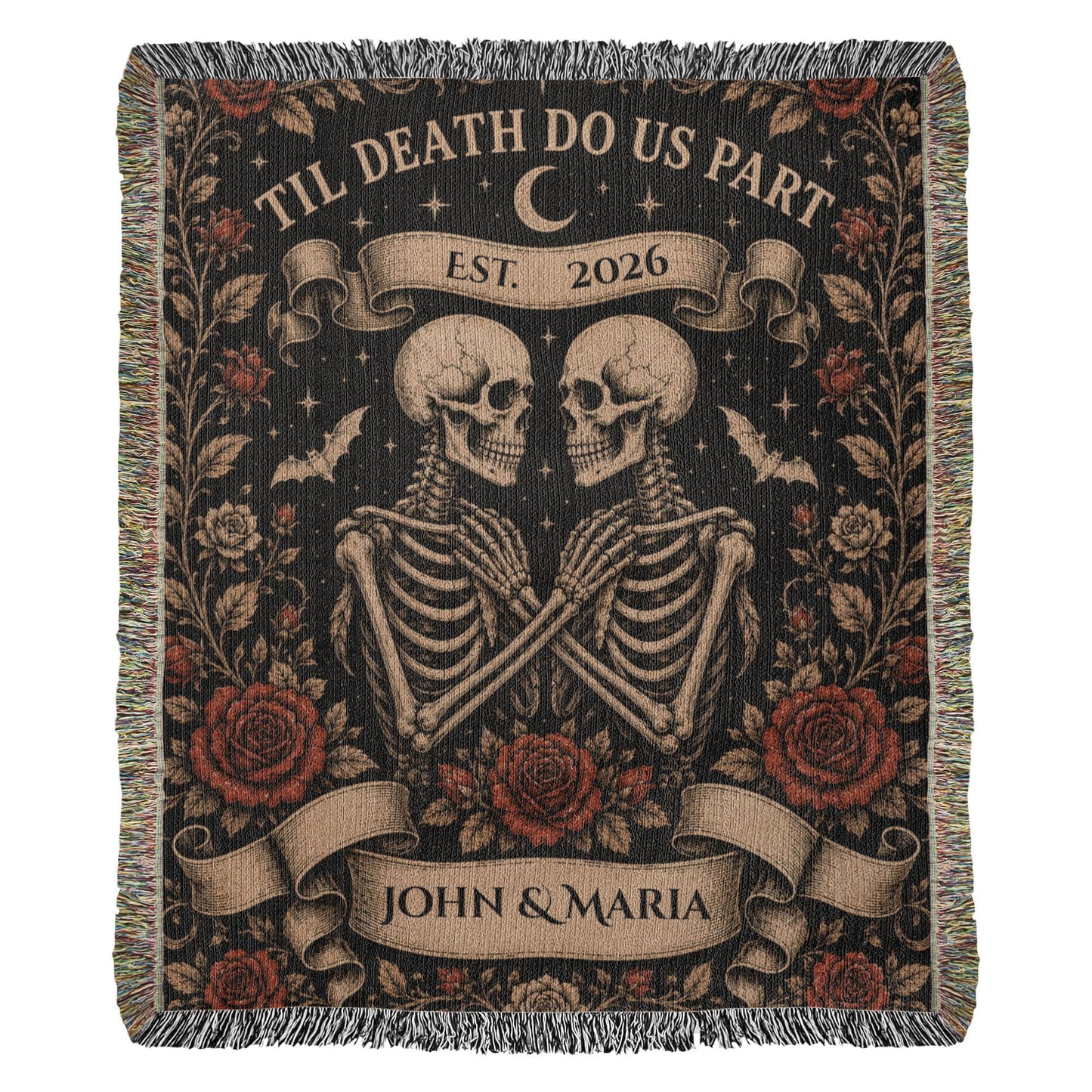 Til Death Do Us Part Skeleton Couple Blanket – Personalized Gothic Wedding Gift, Halloween Woven Throw