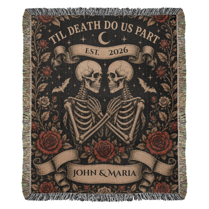 Til Death Do Us Part Skeleton Couple Blanket – Personalized Gothic Wedding Gift, Halloween Woven Throw