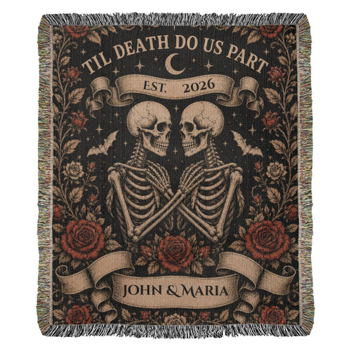 Til Death Do Us Part Skeleton Couple Blanket – Personalized Gothic Wedding Gift, Halloween Woven Throw