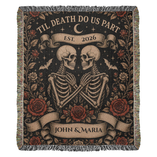 Til Death Do Us Part Skeleton Couple Blanket – Personalized Gothic Wedding Gift, Halloween Woven Throw