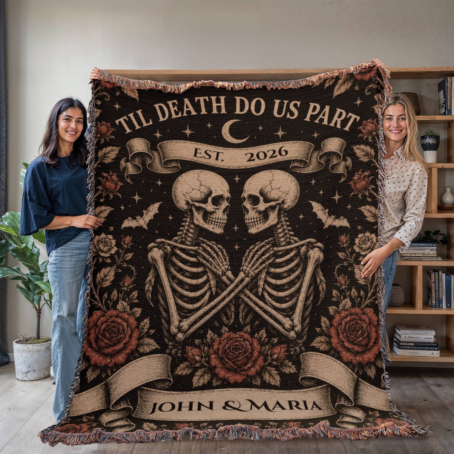 Til Death Do Us Part Skeleton Couple Blanket – Personalized Gothic Wedding Gift, Halloween Woven Throw