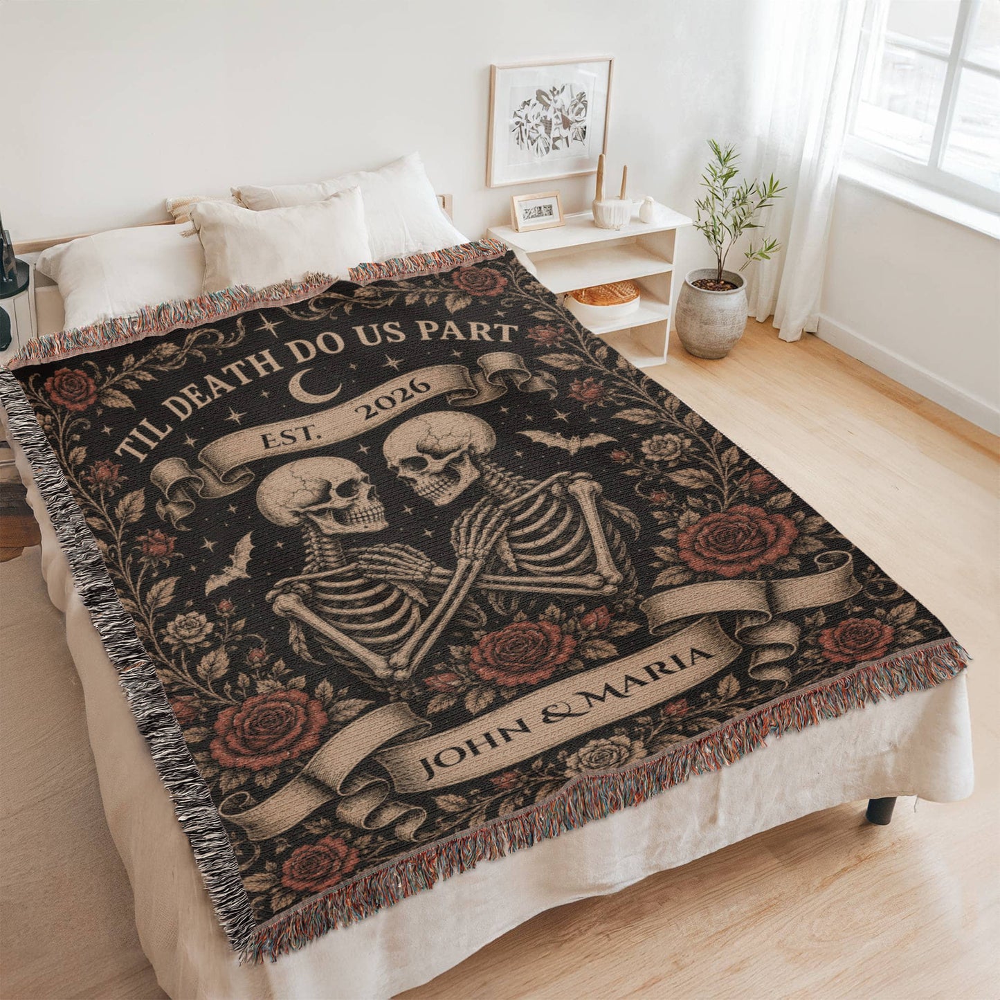 Til Death Do Us Part Skeleton Couple Blanket – Personalized Gothic Wedding Gift, Halloween Woven Throw