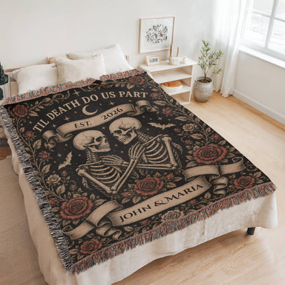 Til Death Do Us Part Skeleton Couple Blanket – Personalized Gothic Wedding Gift, Halloween Woven Throw