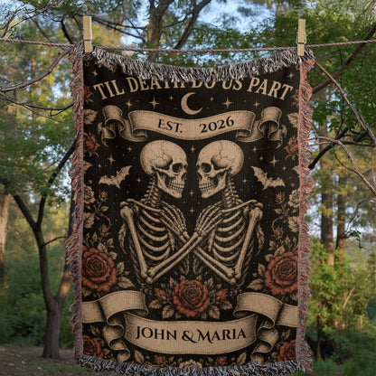 Til Death Do Us Part Skeleton Couple Blanket – Personalized Gothic Wedding Gift, Halloween Woven Throw